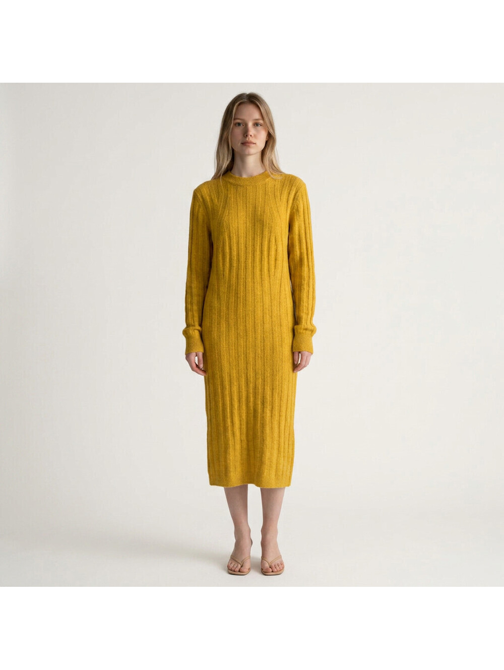 A New Day Dress Women S Small Yellow Shift Midi Wool Long Sleeve Crew Neck